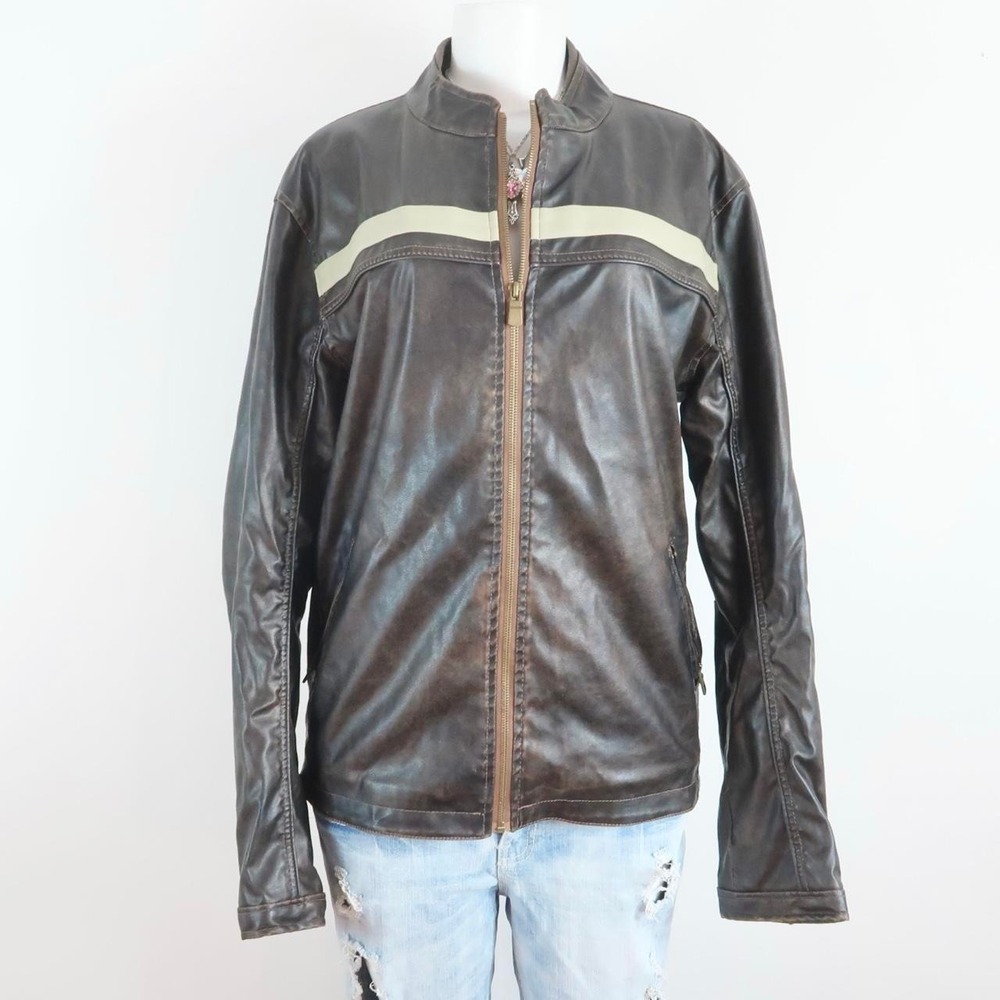 brown faux leather zip up jacket voltage system division m